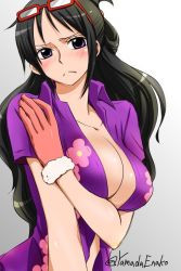 Rule 34 | 1girl, black hair, blue eyes, blush, breasts, cleavage, closed mouth, collarbone, collared shirt, dress shirt, eyewear on head, frown, fur-trimmed gloves, fur trim, glasses, gloves, gradient background, grey background, large breasts, long hair, looking at viewer, naked shirt, one piece, open clothes, open shirt, pink gloves, print shirt, purple shirt, red-framed eyewear, shirt, short sleeves, solo, tashigi, twitter username, very long hair, white background, wing collar, yamadaenako