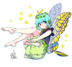 Rule 34 | 1girl, antennae, aqua hair, barefoot, black shirt, butterfly wings, closed mouth, commentary request, eternity larva, full body, green skirt, highres, hugging own legs, insect wings, leaf, leaf on head, looking at viewer, partial commentary, shirt, short hair, short sleeves, simple background, skirt, smile, solo, star (symbol), touhou, umigarasu (kitsune1963), white background, wings, yellow eyes, yellow wings