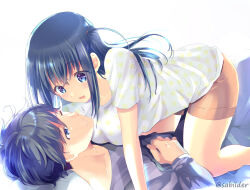 Rule 34 | 1boy, 1girl, :d, absurdres, arm cutout, artist name, black hair, blue eyes, blush, breasts, brown shorts, collarbone, crossed bangs, eye contact, face-to-face, feet out of frame, from side, grey shirt, hair between eyes, hetero, highres, idoly pride, large breasts, long bangs, long hair, long sleeves, looking at another, lying, makino kouhei, medium breasts, nagase mana, off shoulder, on back, one side up, open mouth, polka dot, polka dot shirt, purple eyes, sabi (sabilder), shirt, short hair, shorts, sidelocks, simple background, smile, straddling, straight hair, white background, white shirt
