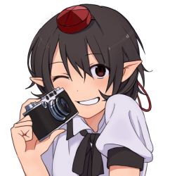 Rule 34 | 1girl, black hair, bow, bowtie, camera, grin, hat, looking at viewer, one eye closed, pointy ears, puffy sleeves, red eyes, shameimaru aya, shirt, short hair, short sleeves, simple background, smile, solo, string, tokin hat, touhou, toujou (toujou ramen), upper body, white background