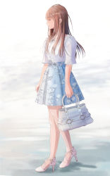 Rule 34 | 1girl, bad id, bad pixiv id, blue skirt, blush, brown hair, closed eyes, floral print, full body, gradient background, hair over shoulder, heart, heart necklace, high heels, highres, jewelry, kataguchi iwashi, long sleeves, necklace, original, pleated skirt, pocketbook, shirt, short sleeves, skirt, smile, solo, white footwear, white shirt