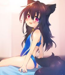 Rule 34 | animal ears, ass, black hair, blue one-piece swimsuit, blush, choker, competition swimsuit, dog ears, dog girl, dog tail, eyebrows, fangs, from behind, heart, highres, kannagi cocoa, long hair, looking back, one-piece swimsuit, open mouth, original, pink background, red eyes, simple background, sitting, smile, solo, swimsuit, tail, thighs, toba hiyoko