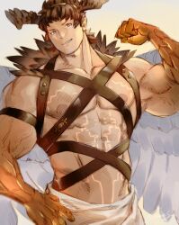 Rule 34 | 1boy, abs, bara, biceps, character request, chest harness, cowboy shot, feather hair, flexing, gentle2nd, glowing cracks, gradient skin, granblue fantasy, harness, head tilt, large pectorals, looking at viewer, male focus, muscular, muscular male, nipples, pectorals, short hair, solo, stomach