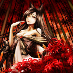 Rule 34 | 1girl, animal ears, bamboo, bamboo forest, bare shoulders, breasts, brooch, brown hair, cleavage, finger to mouth, fingernails, flower, forest, highres, imaizumi kagerou, jewelry, jiraiken, long fingernails, long sleeves, looking at viewer, nail polish, nature, red eyes, red nails, red sky, shirt, skirt, sky, solo, spider lily, tongue, tongue out, touhou, wide sleeves, wolf ears