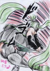 Rule 34 | 1girl, bad id, bad pixiv id, boots, detached sleeves, from behind, green hair, hatsune miku, headphones, long hair, nekonotebukuro, skirt, solo, speed lines, spring onion, thigh boots, thighhighs, traditional media, twintails, very long hair, vocaloid