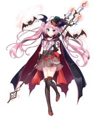 Rule 34 | 1girl, bat (animal), blue eyes, candle, candlelight, cape, choker, floating hair, full body, hair ornament, hairclip, hat, head wings, highres, holding, holding staff, layered skirt, long hair, official art, over-kneehighs, pink hair, pointy ears, royal flush heroes, short sleeves, skirt, smile, solo, staff, striped clothes, striped thighhighs, sylvia (royal flush heroes), thighhighs, top hat, transparent background, twintails, vertical-striped clothes, vertical-striped thighhighs, very long hair, wings