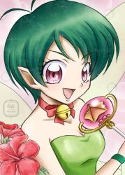 Rule 34 | 1girl, absurdres, ahoge, alala, antenna hair, artist name, bare shoulders, bell, bow, bowtie, breasts, bubble background, cleavage, dress, fairy, flower, green dress, green hair, hibiscus, highres, holding, magical girl, medium breasts, mermaid melody pichi pichi pitch, neck bell, open mouth, painting (medium), pink background, pink eyes, pointy ears, portrait, remyfive, short hair, signature, slit pupils, smile, solo, straight hair, traditional media, upper body, wand, watercolor (medium), watermark, wings