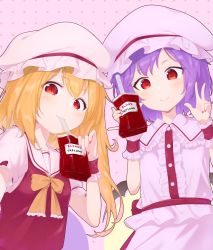 Rule 34 | 2girls, :&gt;, arms up, bat wings, blonde hair, blood, blood bag, blouse, blue hair, blush, bubble tea, commentary request, drinking blood, drinking straw, fingernails, flandre scarlet, hat, highres, kanpa (campagne 9), mob cap, multiple girls, nail polish, neck ribbon, one side up, pink background, pink shirt, pink skirt, pinky out, polka dot, polka dot background, puffy short sleeves, puffy sleeves, red eyes, red nails, red skirt, red vest, remilia scarlet, ribbon, selfie, shirt, short hair, short sleeves, siblings, sisters, skirt, skirt set, slit pupils, smile, standing, touhou, upper body, vest, w, white shirt, wings, wrist cuffs, yellow neckwear