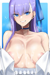 Rule 34 | 1girl, absurdres, alternate breast size, bare shoulders, blue background, blue choker, blue eyes, breasts, choker, collarbone, commentary, cum, cum on body, cum on breasts, cum on upper body, facial, fate/grand order, fate (series), highres, long hair, long sleeves, megao 3rd, meltryllis, meltryllis (fate), meltryllis (swimsuit lancer) (fate), meltryllis (swimsuit lancer) (second ascension) (fate), nipples, purple hair, solo, upper body