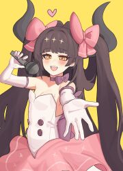 Rule 34 | 1girl, :d, absurdres, alternate costume, blunt bangs, blush, bow, bow choker, breasts, brown hair, diein (djmax), djmax, djmax respect, dress, elbow gloves, gloves, grey horns, hair bow, heart, highres, holding, holding microphone, horns, idol, large horns, long hair, microphone, open mouth, pink bow, pink dress, purple bow, reaching, reaching towards viewer, sharp teeth, simple background, small breasts, smile, solo, teeth, upper body, upper teeth only, very long hair, white gloves, yellow background, yellow eyes, zorago