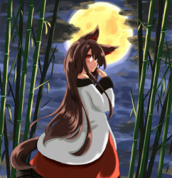 Rule 34 | 1girl, animal ear fluff, animal ears, bamboo, bamboo forest, black cloud, brown hair, cloud, cloudy sky, dress, fingernails, forest, from behind, full moon, highres, imaizumi kagerou, kibisake, layered dress, long hair, long sleeves, looking at viewer, looking back, moon, nail polish, nature, red eyes, red nails, s katsuo, sharp fingernails, sky, smile, solo, tail, touhou, wolf ears, wolf tail