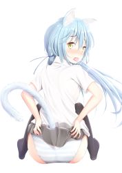 Rule 34 | 1girl, animal ears, ass, black thighhighs, blue hair, blue panties, blush, cat ears, cat girl, cat tail, collared shirt, embarrassed, hair between eyes, hands on own ass, highres, long hair, looking at viewer, looking back, low twintails, mochiyuki, nose blush, open mouth, original, panties, shirt, short sleeves, simple background, sitting, solo, striped clothes, striped panties, tail, thighhighs, twintails, underwear, upskirt, white background, white panties, white shirt, yellow eyes