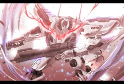 Rule 34 | armored core, armored core: for answer, dual wielding, glowing, glowing eyes, gun, highres, holding, holding gun, holding weapon, letterboxed, mecha, nekominase, no humans, red eyes, robot, weapon, white glint