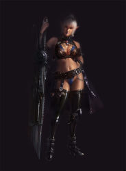 Rule 34 | 1girl, agnidevi, belt, bikini, boots, breasts, chainsword, cleavage cutout, clothing cutout, earrings, hand on own hip, hands on hilt, highleg, highleg panties, highleg swimsuit, hip focus, jewelry, large breasts, panties, pointy ears, realistic, solo, swimsuit, sword, tattoo, thigh boots, thighhighs, underwear, weapon, white hair, wristband