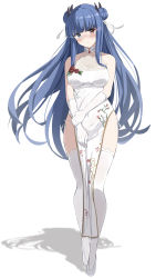 Rule 34 | 1girl, absurdres, azur lane, bare shoulders, blue eyes, blue hair, blunt bangs, blush, breasts, china dress, chinese clothes, closed mouth, commentary request, double bun, dress, eye trail, firin, floral print, full body, gloves, hair bun, hair ornament, hair ribbon, hand on own chest, heterochromia, highres, horns, ibuki (azur lane), light trail, long hair, looking at viewer, medium breasts, multiple horns, pelvic curtain, print dress, red eyes, ribbon, shadow, simple background, sleeveless, sleeveless dress, solo, standing, thighhighs, very long hair, white background, white dress, white footwear, white gloves, white ribbon, white thighhighs