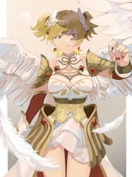 Rule 34 | 1girl, absurdres, ahataro, angel wings, arm at side, armor, bare shoulders, blonde hair, breasts, brown background, cleavage, cleavage cutout, clothing cutout, cowboy shot, daiba nana, detached sleeves, dress, earrings, falling feathers, faulds, feather hair ornament, feathered wings, feathers, fingernails, gem, gem hair ornament, gradient background, green eyes, grey background, hair between eyes, hair ornament, hand up, highres, jewelry, large breasts, long fingernails, long sleeves, looking at viewer, nail polish, official alternate costume, outside border, parted lips, pauldrons, pillarboxed, red gemstone, red nails, short hair, short twintails, shoujo kageki revue starlight, shoujo kageki revue starlight -re live-, shoulder armor, sleeveless, sleeveless dress, solo, standing, twintails, underbust, waist cape, white dress, white feathers, white wings, wings