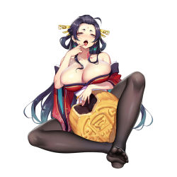 Rule 34 | 1girl, ahoge, areola slip, bare shoulders, black hair, black pantyhose, blue hair, blush, breasts, collarbone, commentary request, detached sleeves, earrings, eating, facial mark, feet, finger to mouth, food in mouth, food request, forehead mark, full body, gradient hair, grey eyes, hair ornament, hand up, huge breasts, japanese clothes, jewelry, kimono, long hair, looking at viewer, luode huayuan, multicolored hair, neck tattoo, no shoes, open mouth, original, oversized food, oversized object, pantyhose, red kimono, simple background, sitting, soles, solo, tattoo, tongue, tongue out, very long hair, white background, wide sleeves