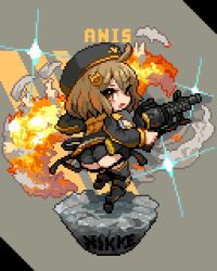 Rule 34 | 1girl, ahoge, anis (nikke), beret, black hat, black jacket, black shorts, black thighhighs, breasts, brown eyes, brown hair, character name, chibi, cleavage, crop top, explosion, fire, from behind, full body, goddess of victory: nikke, grenade launcher, grey shirt, hat, holding, holding weapon, jacket, large breasts, looking at viewer, looking back, multicolored clothes, multicolored jacket, open mouth, orange jacket, pixel art, shirosu, shirt, short hair, short shorts, shorts, solo, thigh strap, thighhighs, two-tone jacket, weapon