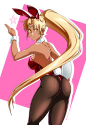 Rule 34 | 1girl, absurdres, akuron (acllon), animal ears, ass, bare shoulders, black pantyhose, blonde hair, breasts, circlet, dark-skinned female, dark skin, detached collar, fake animal ears, fake tail, highres, holding, holding tray, leotard, long hair, looking at viewer, medium breasts, pantyhose, pink background, playboy bunny, ponytail, rabbit tail, sasha (sennen sensou aigis), sennen sensou aigis, simple background, star (symbol), tail, tan, tray, two-tone background, very long hair, white background, wrist cuffs