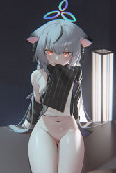 Rule 34 | 1girl, animal ears, black dress, black hair, blue archive, breasts, chun&#039;ai zhanshen milili, closed mouth, clothes lift, dress, grey hair, halo, highres, kokona (blue archive), lifting own clothes, long hair, long sleeves, looking at viewer, mouth hold, multicolored hair, navel, nipple slip, nipples, orange eyes, pelvic curtain, pelvic curtain lift, single bare shoulder, sitting, small breasts, solo, streaked hair, striped clothes, striped dress, thighs, vertical-striped clothes, vertical-striped dress