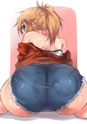 Rule 34 | 1girl, absurdres, aqua eyes, ass, ass focus, bare shoulders, blonde hair, blouse, blue shorts, braid, fate/apocrypha, fate (series), female focus, french braid, from behind, half updo, highres, hip focus, huge ass, jacket, looking at viewer, looking back, micro shorts, mordred (fate), mordred (fate/apocrypha), mordred (memories at trifas) (fate), off shoulder, onsen mikan, ponytail, red background, red jacket, shiny skin, shirt, short shorts, shorts, sitting, solo, strapless, strapless shirt, wariza, white shirt, wide hips