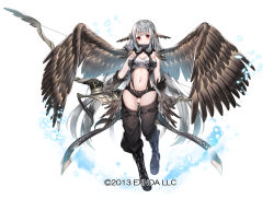 Rule 34 | 1girl, animal hands, bandeau, blush, bow (weapon), breasts, cleavage, feathered wings, full body, goggles, goggles around neck, head wings, highres, holding, holding bow (weapon), holding weapon, long hair, low wings, medium breasts, navel, official art, red eyes, revealing clothes, sakofu, sennen sensou aigis, silver hair, smile, solo, suspenders, weapon, wings
