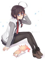 Rule 34 | 1girl, animalization, ankle boots, arm up, bespectacled, black dress, black hair, black pantyhose, blue eyes, blush, boots, braid, brown footwear, closed eyes, commentary request, cosplay, dan (kumadan), dress, drooling, fate/grand order, fate (series), fou (fate), fou (fate) (cosplay), from side, glasses, hair flaps, hair ornament, hair ribbon, highres, hood, hood down, hooded jacket, jacket, kantai collection, long hair, long sleeves, looking at viewer, looking to the side, mash kyrielight, mash kyrielight (cosplay), necktie, pantyhose, parted lips, raglan sleeves, red-framed eyewear, red neckwear, red ribbon, ribbon, semi-rimless eyewear, shigure (kancolle), sidelocks, simple background, single braid, sitting, sleeping, track jacket, under-rim eyewear, white background, white jacket, yuudachi (kancolle)