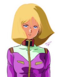 Rule 34 | 1girl, blonde hair, blue eyes, commentary, dated, gundam, highres, looking at viewer, medium hair, military uniform, mobile suit gundam, pgmajimaji, sayla mass, signature, simple background, solo, uniform, upper body, v-shaped eyebrows, white background