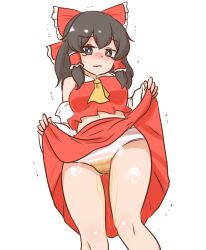 Rule 34 | 1girl, ascot, bare shoulders, black eyes, black hair, blush, bow, breasts, bright pupils, closed mouth, clothes lift, crop top, detached sleeves, embarrassed, female focus, frilled bow, frills, gluteal fold, hair bow, hair tubes, hakurei reimu, hands up, lifted by self, long hair, long sleeves, looking at viewer, matching hair/eyes, medium breasts, midriff, mizusoba, navel, nose blush, panties, pee, peeing, peeing self, pink panties, raised eyebrows, red bow, red shirt, red skirt, shirt, sidelocks, simple background, skirt, skirt lift, sleeveless, sleeveless shirt, solo, standing, steam, striped clothes, striped panties, sweat, tears, thighs, touhou, trembling, underwear, wavy mouth, wet, wet clothes, wet panties, white background, white pupils, white sleeves, yellow ascot