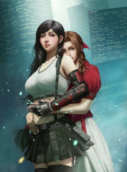 Rule 34 | 2girls, absurdres, aerith gainsborough, arm guards, bare shoulders, black hair, bow, brown eyes, brown hair, city, closed mouth, couple, crop top, dress, expressionless, final fantasy, final fantasy vii, final fantasy vii remake, fingerless gloves, gloves, green eyes, hair bow, highres, holding hands, hug, hug from behind, jacket, lips, long hair, looking at viewer, low-tied long hair, midriff, multiple girls, navel, neck, parted bangs, pleated skirt, red jacket, skirt, square enix, standing, stomach, suspenders, swept bangs, tank top, thighhighs, tifa lockhart, white tank top, xixifusi, yuri