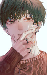 Rule 34 | 1boy, black hair, blank stare, blush, brown sweater, cable knit, closed mouth, commentary, ear piercing, earrings, english commentary, grey eyes, hand on own face, hand up, highres, jewelry, long sleeves, male focus, multiple rings, necklace, nose blush, original, piercing, portrait, ring, sameukiwa, short hair, simple background, sweater, twitter username, white background