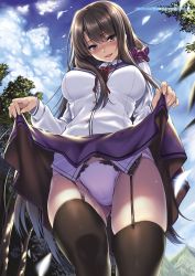 Rule 34 | 1girl, 2016, :d, black thighhighs, blue sky, blush, breasts, brown hair, buttons, cameltoe, clothes lift, cloud, cloudy sky, comic exe, dated, day, fingernails, flashing, foreshortening, from below, garter belt, gluteal fold, hair ornament, hair scrunchie, highres, lace, lace-trimmed panties, lace trim, lifted by self, long hair, long sleeves, looking at viewer, medium breasts, open mouth, original, panties, piromizu, purple eyes, scrunchie, shirt, sidelocks, skirt, skirt hold, skirt lift, sky, smile, solo, sweat, thighhighs, thighs, tree, underwear, very long hair, white panties, white shirt
