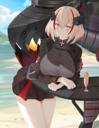 Rule 34 | 1girl, armlet, azur lane, beach, black jacket, black shirt, black skirt, blonde hair, blouse, blue sky, blush, breasts, brown eyes, buttons, cloud, collared shirt, commentary request, cowboy shot, cross, cup, day, drink, drinking glass, drinking straw, food, fruit, hair between eyes, headgear, highres, horizon, iron cross, jacket, large breasts, lemon, lemon slice, long sleeves, looking at viewer, multicolored hair, no gloves, ocean, outdoors, red hair, rigging, roon (azur lane), ru zhai, sand, shade, shadow, shirt, short hair, sidelocks, skirt, sky, smile, solo, streaked hair, table