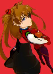 Rule 34 | 1girl, artist request, blue eyes, bodysuit, breasts, brown hair, evangelion: 3.0 you can (not) redo, expressionless, eyepatch, hat, unworn hat, headgear, unworn headwear, highres, interface headset, long hair, looking at viewer, looking back, medium breasts, neon genesis evangelion, perspective, pilot suit, plugsuit, rebuild of evangelion, red background, red bodysuit, shiny clothes, simple background, smile, solo, souryuu asuka langley, standing, twintails, two side up, very long hair