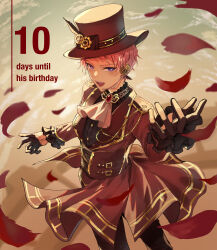 Rule 34 | 1boy, absurdres, ascot, black gloves, buttons, commentary request, corset, ensemble stars!, gears, gloves, hat, highres, itsuki shu, long sleeves, male focus, microphone, open mouth, pink hair, purple eyes, short hair, solo, teeth, top hat, upper teeth only, wednesday 108