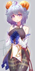 Rule 34 | 1girl, :o, ahoge, blue gloves, blue hair, bodystocking, breasts, croissant, detached sleeves, food, ganyu (genshin impact), genshin impact, gloves, head tilt, looking at viewer, medium breasts, open mouth, purple eyes, quaso (meme), rakostep, short hair, solo, thigh gap