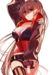 Rule 34 | 1girl, aiguillette, alternate breast size, asymmetrical legwear, azur lane, belt, black choker, breasts, brown belt, brown jacket, choker, corset, cropped jacket, hair between eyes, hatski.sin, high collar, jacket, jean bart (azur lane), large breasts, light brown hair, long hair, looking at viewer, looking down, ponytail, red corset, red eyes, shaded face, short shorts, shorts, simple background, single thighhigh, solo, striped clothes, striped thighhighs, thighhighs, thighs, uneven legwear, vertical-striped clothes, vertical-striped thighhighs, very long hair, white background