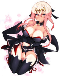 Rule 34 | 1girl, angel mort, bare shoulders, black dress, black thighhighs, blonde hair, boots, breasts, circlet, cleavage, closed mouth, detached collar, detached sleeves, dress, first stage production, gradient hair, highres, hirowa nagi, kneeling, large breasts, light smile, long hair, looking at viewer, multicolored hair, pink eyes, pink hair, red ribbon, ribbon, ryugahama yue, sidelocks, simple background, solo, thigh boots, thighhighs, virtual youtuber, white background