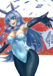 Rule 34 | 1girl, ;d, animal ears, aqua eyes, armpits, assault lily, banshouya ena, bare shoulders, black gloves, black pantyhose, blush, breasts, card, cleavage, commentary, confetti, covered navel, cowboy shot, elbow gloves, fake animal ears, fake tail, gloves, grey hair, hair ribbon, hairband, hands up, highres, hundred brazil, joker (playing card), large breasts, leotard, long hair, looking at viewer, one eye closed, open mouth, outstretched arms, pantyhose, playboy bunny, playing card, purple ribbon, rabbit ears, rabbit tail, red background, ribbon, sidelocks, smile, solo, standing, strapless, strapless leotard, streamers, tail, teeth, tress ribbon, two-tone background, upper teeth only, very long hair, white background, white hairband, white leotard