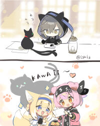 Rule 34 | 1boy, 1other, 2girls, 2koma, :d, animal ears, arknights, black cat, black gloves, black hairband, black jacket, blonde hair, blue eyes, blue hairband, blush stickers, braid, brown eyes, brown hair, cat, cat ears, chibi, christine (arknights), comic, commentary request, doctor (arknights), fox ears, fox tail, gloves, goldenglow (arknights), hairband, heart, highres, hood, hood up, jacket, lantern, letter, miisuke (iskl3), multiple girls, multiple tails, open mouth, paw print, phantom (arknights), pink hair, pink jacket, sidelocks, smile, sparkle, suzuran (arknights), tail, wristband, writing