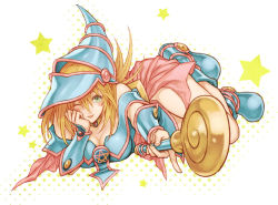 Rule 34 | 1girl, :p, bad id, bad pixiv id, bare shoulders, blonde hair, blue footwear, boots, breasts, choker, cleavage, dark magician girl, detached sleeves, duel monster, green eyes, hat, large breasts, long hair, one eye closed, pentacle, skirt, staff, tea (retroz), tongue, tongue out, wand, wink, witch hat, wizard hat, yu-gi-oh!, yuu-gi-ou, yu-gi-oh! duel monsters