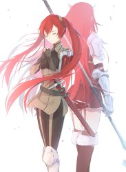 Rule 34 | 2girls, armor, artist request, blush, cordelia (fire emblem), dress, closed eyes, fire emblem, fire emblem awakening, garter straps, gauntlets, gloves, hair ornament, highres, long hair, mother and daughter, multiple girls, nintendo, polearm, red hair, severa (fire emblem), simple background, smile, thighhighs, thighs, twintails, very long hair, weapon, zettai ryouiki
