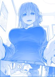 Rule 34 | !, 1boy, 1girl, :d, ?, backlighting, blue theme, breasts, calendar (object), cellphone, comic, commentary request, faceless, faceless male, foreshortening, from below, getsuyoubi no tawawa, glint, hair over eyes, himura kiseki, indoors, jewelry, large breasts, long hair, lying, maegami-chan (tawawa), monochrome, on back, one side up, open mouth, phone, ring, sensei (tawawa), silent comic, smartphone, smile, speech bubble, wedding band