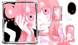 1000-nen_ikiteru_(vocaloid) 1girl 3h3983 blush bug butterfly choker colored_skin commentary crying crying_with_eyes_open disembodied_eye empty_eyes empty_picture_frame expressionless hand_on_own_cheek hand_on_own_face hand_up heart highres iki_(iyowa) insect iyowa_girls long_hair looking_at_viewer multiple_views parted_lips picture_frame pink_choker pink_eyes pink_hair portrait simple_background symbol-only_commentary tears tentacles white_background white_skin