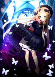 Rule 34 | 1girl, abigail williams (fate), azuma yuki, black bow, black dress, black footwear, black hat, blonde hair, bloomers, blue eyes, blurry, blurry background, blush, bow, bug, butterfly, closed mouth, commentary request, depth of field, dress, fate/grand order, fate (series), forehead, hair bow, hat, hugging object, insect, long hair, long sleeves, looking at viewer, mary janes, orange bow, parted bangs, polka dot, polka dot bow, shoes, signature, sleeves past fingers, sleeves past wrists, smile, solo, standing, stuffed animal, stuffed toy, teddy bear, twitter username, underwear, very long hair, white bloomers