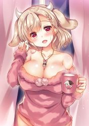 Rule 34 | 1girl, animal ears, animal print, blush, bow, braid, braided bangs, breasts, cleavage, commentary request, cow ears, cow girl, cow horns, cow print, cup, curtains, hair bow, head tilt, horns, indoors, jewelry, light brown hair, long sleeves, looking at viewer, milk, mug, neck bell, necklace, night, off shoulder, open mouth, pink bow, pink sweater, pom pom (clothes), red eyes, single braid, sleeves past wrists, smile, solo, suzunone rena, sweater, window