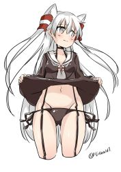 Rule 34 | 10s, 1girl, amatsukaze (kancolle), bad id, bad twitter id, bikini, blush, breasts, brown eyes, brown panties, choker, closed mouth, clothes lift, collarbone, cowboy shot, cropped legs, dress, dress lift, ebifurya, eyebrows, garter straps, gluteal fold, groin, hair between eyes, hair tubes, highres, inactive account, kantai collection, lifebuoy, lifting own clothes, long hair, long sleeves, looking away, looking to the side, navel, panties, sailor dress, side-tie bikini bottom, simple background, small breasts, solo, stomach, swim ring, swimsuit, twitter username, two side up, underwear, very long hair, white background, white hair