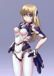 Rule 34 | 1girl, android, blonde hair, blue eyes, blush, bodysuit, choker, cowboy shot, doll joints, hands on own hips, joints, long hair, mori chu, original, solo, source request