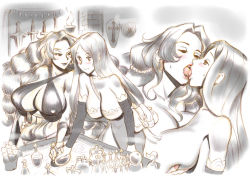 Rule 34 | 2girls, bad id, bad pixiv id, bag, bare shoulders, between breasts, blush, grabbing another&#039;s breast, breasts, caracol, cleavage, covered erect nipples, detached sleeves, dragon&#039;s crown, dress, earrings, flask, french kiss, grabbing, graphite (medium), hoop earrings, huge breasts, jewelry, kiss, large breasts, lips, long hair, looking at another, messenger bag, monochrome, morgan rizilia, multiple girls, no bra, no headwear, open mouth, parted bangs, shield, shop, shopping, shoulder bag, sorceress (dragon&#039;s crown), spot color, strap between breasts, strapless, strapless dress, sweat, sweatdrop, sword, tongue, torch, traditional media, wall torch, weapon, yuri