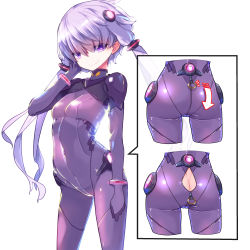 Rule 34 | 1girl, ass, bodysuit, breasts, bright pupils, butt crack, closed mouth, covered navel, cowboy shot, crotch zipper, gloves, gluteal fold, hair tubes, highres, inset, looking at viewer, plugsuit, pon (shind 997), purple gloves, short hair with long locks, sidelocks, simple background, small breasts, smile, solo, vocaloid, voiceroid, white background, yuzuki yukari, zipper